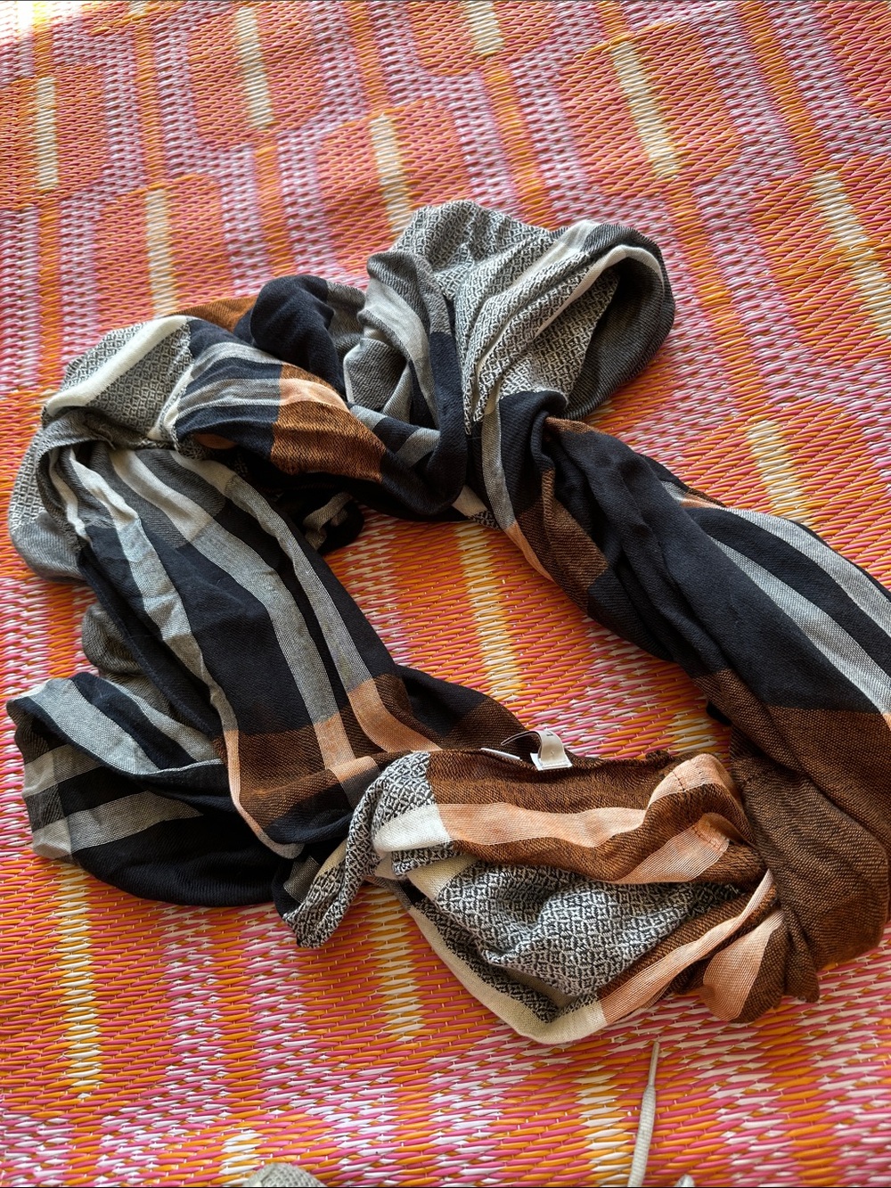 LOFT Striped Black, Brown & Cream Lightweight Wrap Scarf